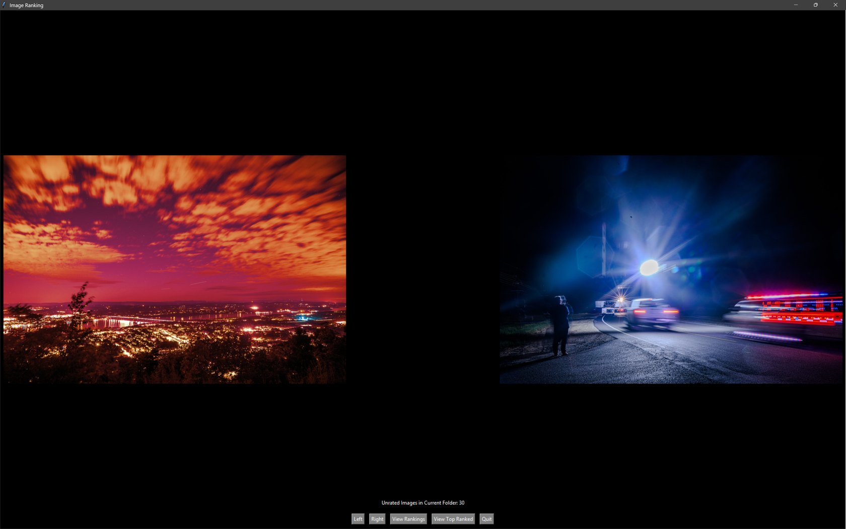 The 2023 PhotoRanker desktop app: two photos side by side with Left/Right ranking buttons