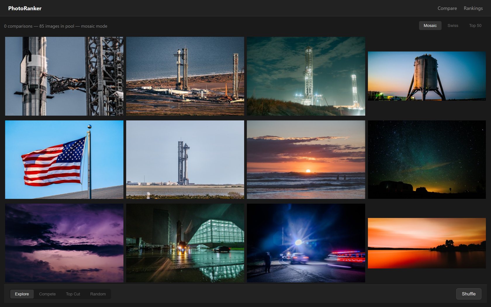 Web PhotoRanker mosaic: a grid of candidate photos with Mosaic / Swiss / Top 50 modes