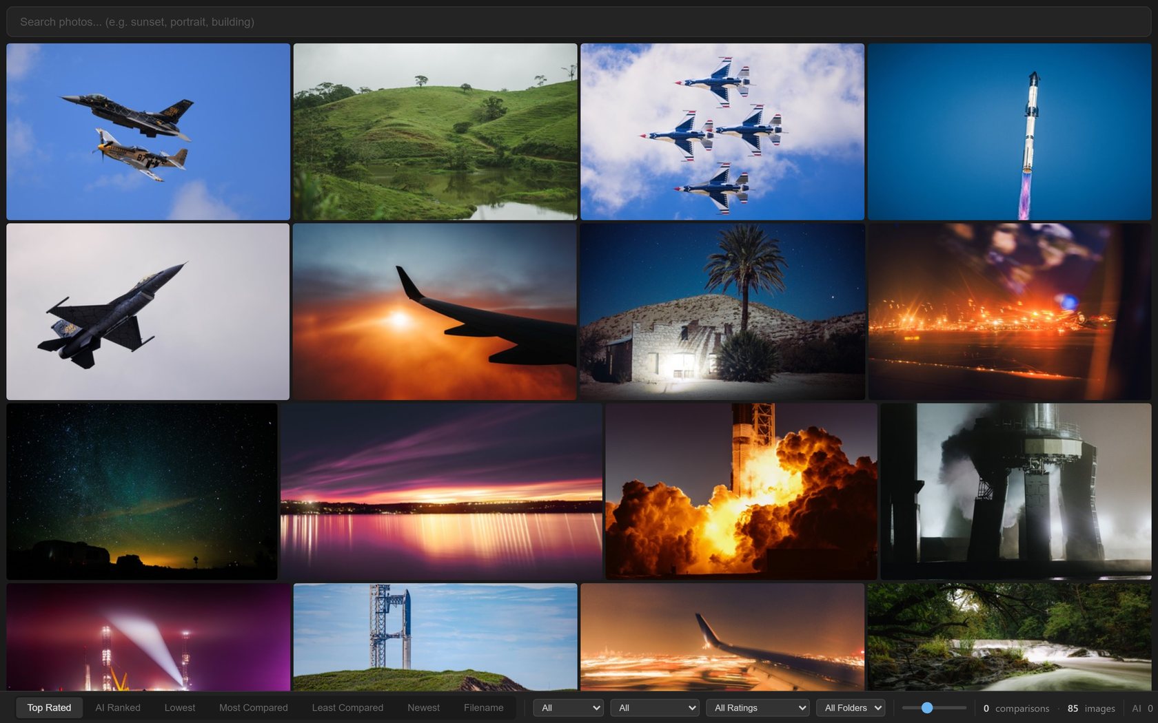 photoArchive Library: edge-to-edge justified grid with an AI search bar and Top Rated / AI Ranked sorting