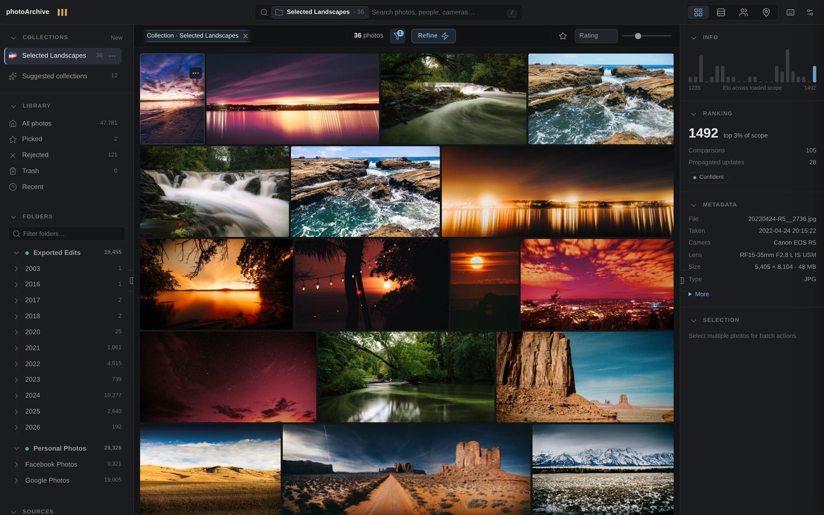 The desktop library: justified grid of landscapes with a live Elo ranking panel showing 1492, top 3% of scope