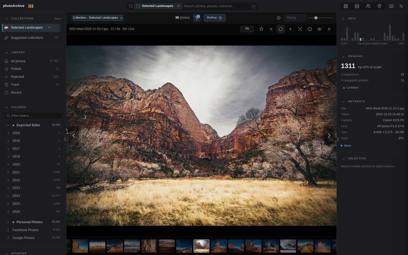 Loupe view of a landscape with metadata panels