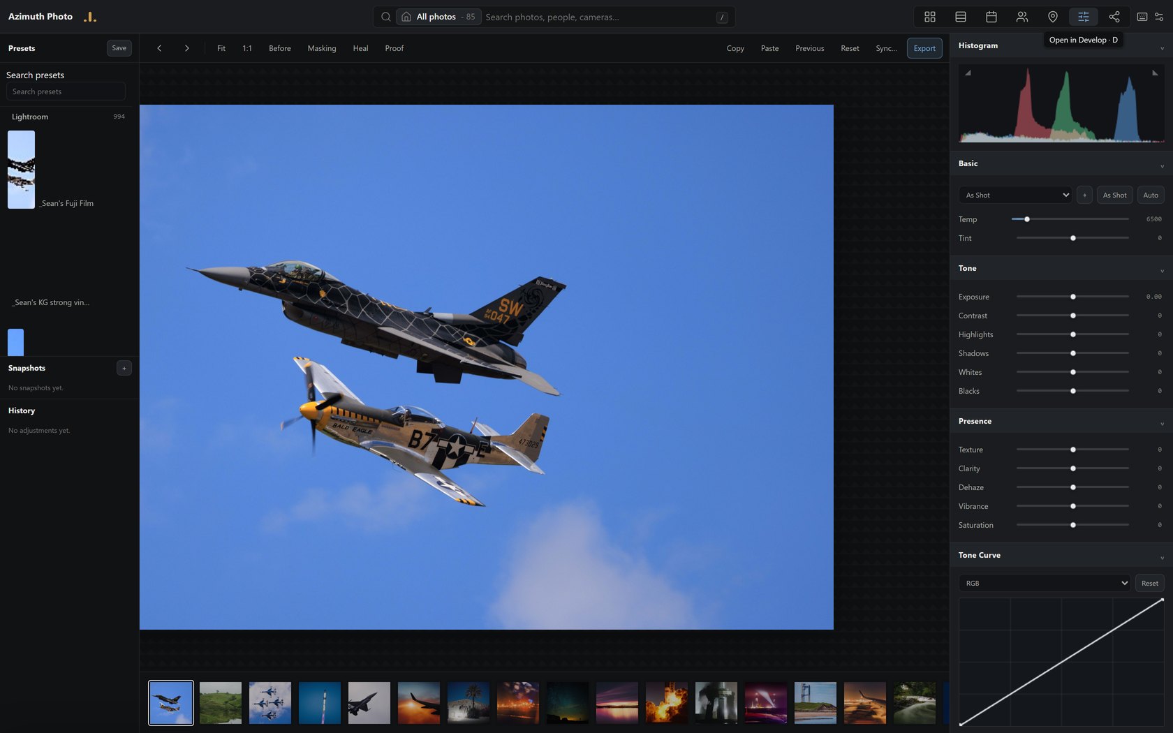 The Develop editor: presets rail, tone/presence sliders, RGB histogram, and an interactive tone curve