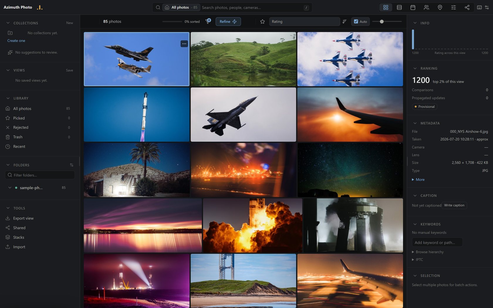 Azimuth Photo at the end of the July sprint: the desktop grid with live ranking and metadata panels